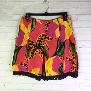 Barami Silk Crochet Lace Trim Floral Print Skirt